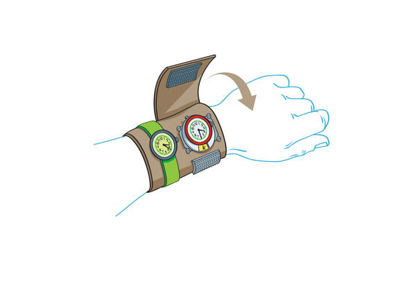 Double montre a aiguilles et pictogrammes sur un bandeau-bracelet