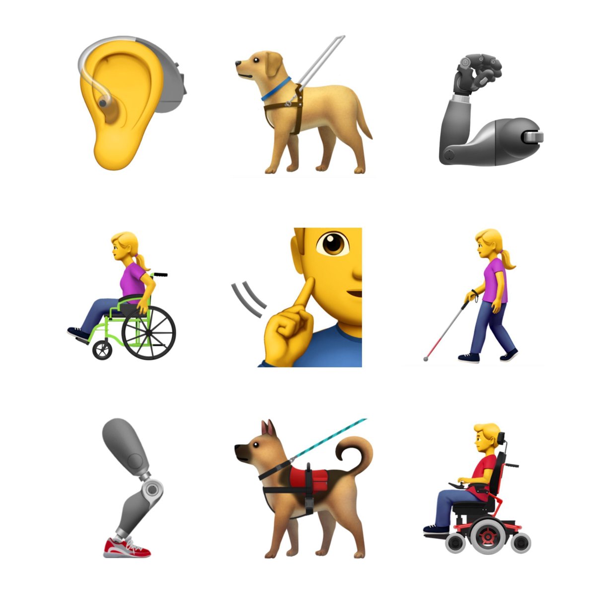 Quelques propositions Emoji d'Apple representant des personnes handicapees